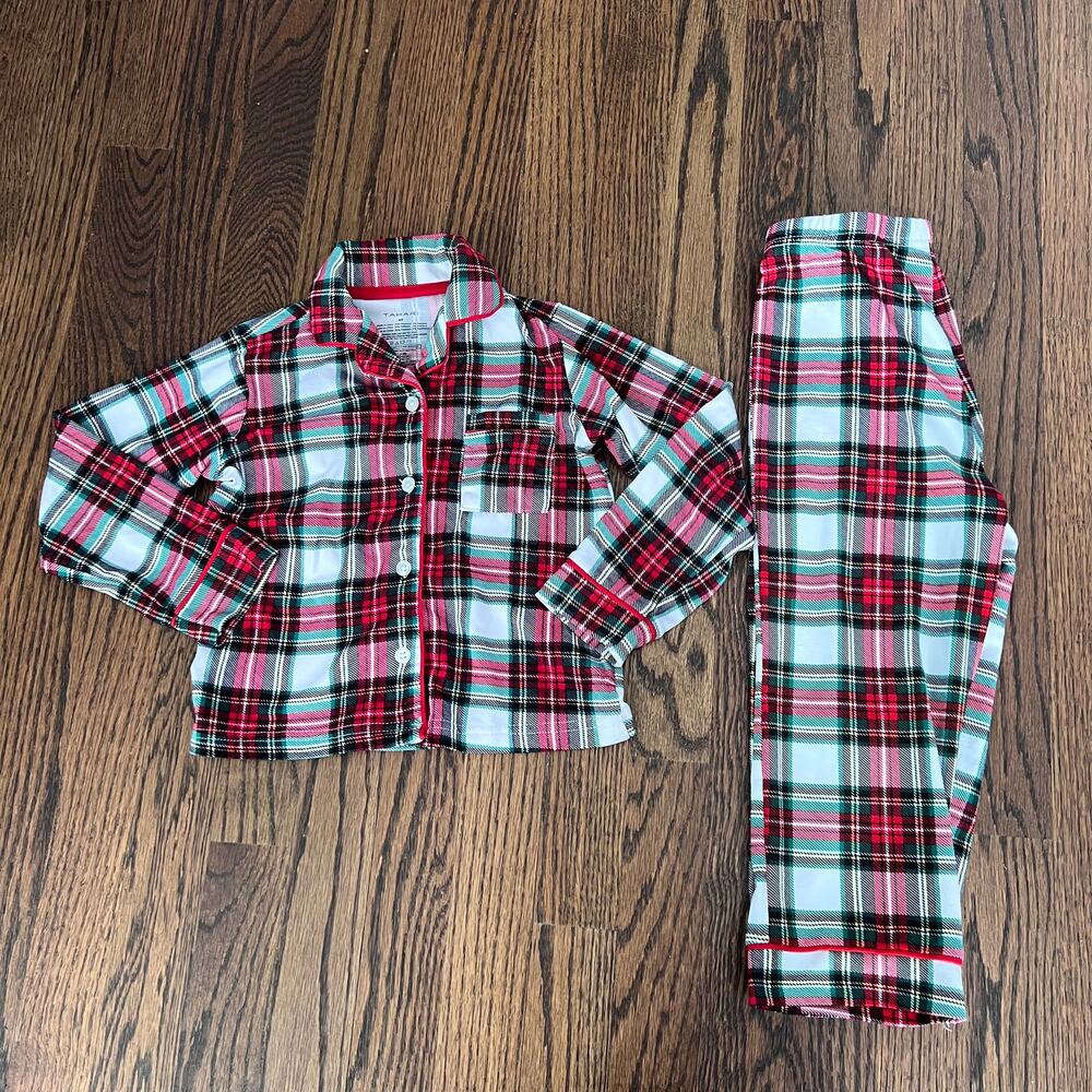 Tahari Unisex Kid's Christmas Holiday Plaid Pajamas Button down PJ Set - 4T